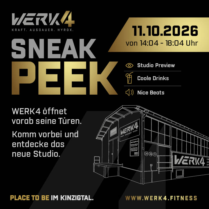 Sneak Peek bei WERK4 am 11.10.2026 von 14:04 bis 18:04 Uhr: Studio Preview, coole Drinks, nice Beats. WERK4 öffnet vorab seine Türen. Komm vorbei und entdecke das neue Studio.